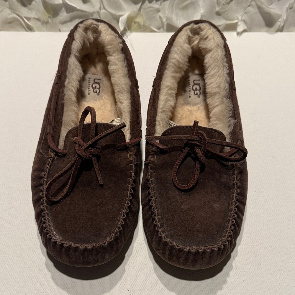 UGG Women's Chocolate Brown Suede Shearling Moccasin Loafers - Picture 1 of 4